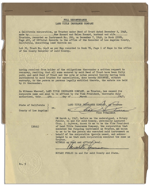 Moe Howard's Deed (as Moe Horwitz) for the Property of His Home, Unsigned, & Two Title Insurance Document for Same -- Dated July 1942 & March 1947 Measuring 8.5'' x 11'' -- Very Good Plus Condition